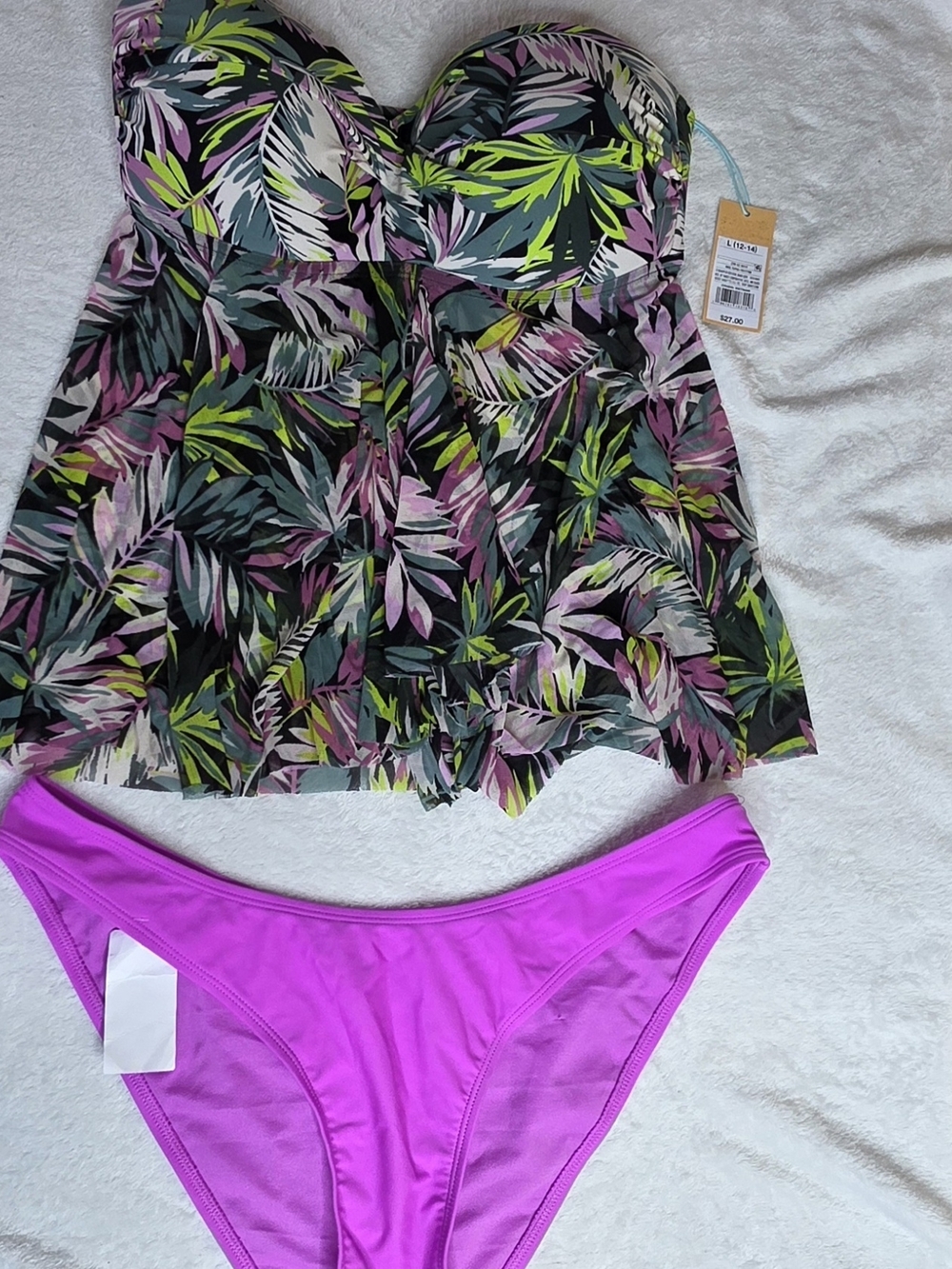 Kona Sol Tropical Leaf Swim Tankini Top with Pinkish Bikini Bottoms Sz Large